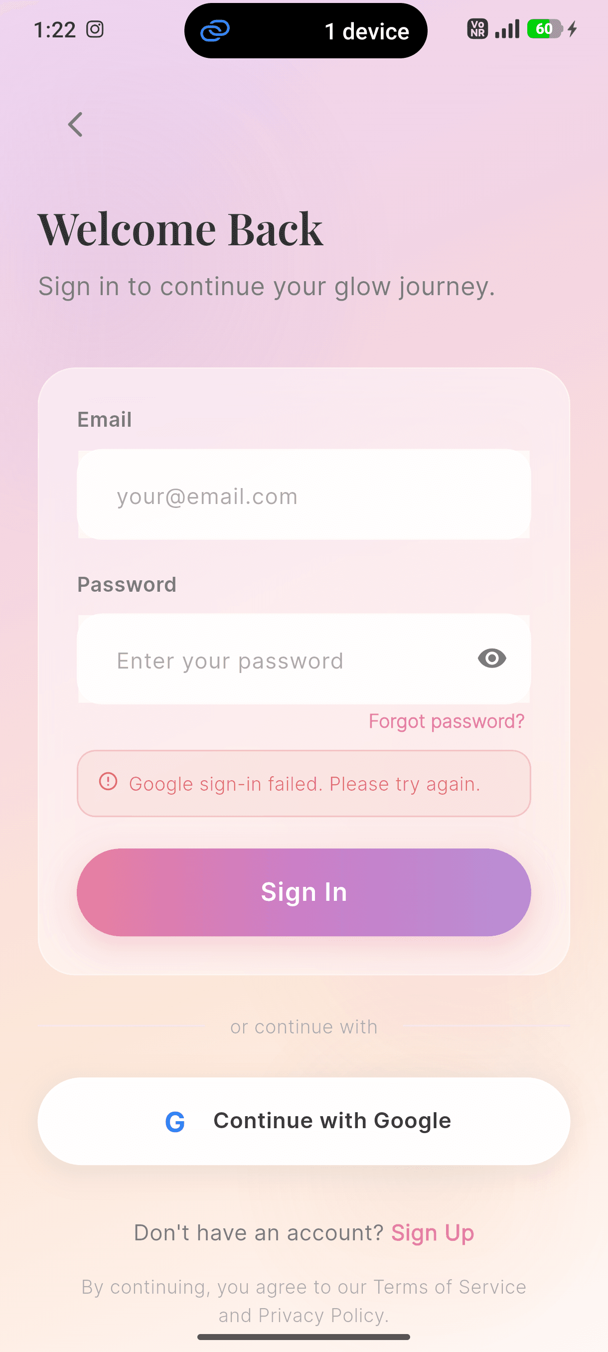 Glowskin sign-in screen with email, password and Google sign-in options